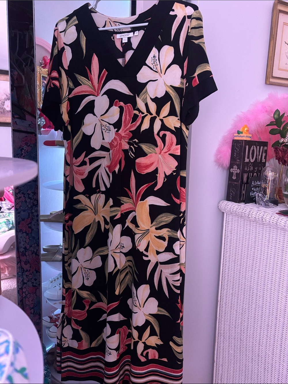 Chico's Black Floral Tropical-Print Midi Dress
